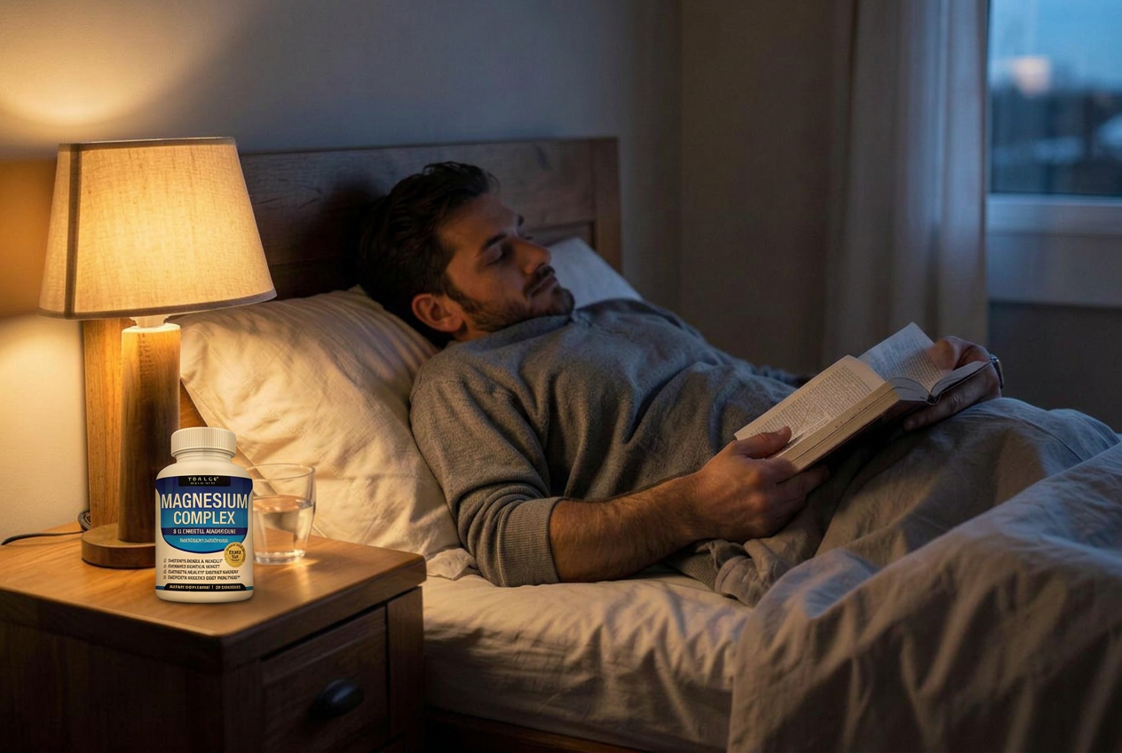 Man unwinding in bed with a book, magnesium supplement and water on the nightstand